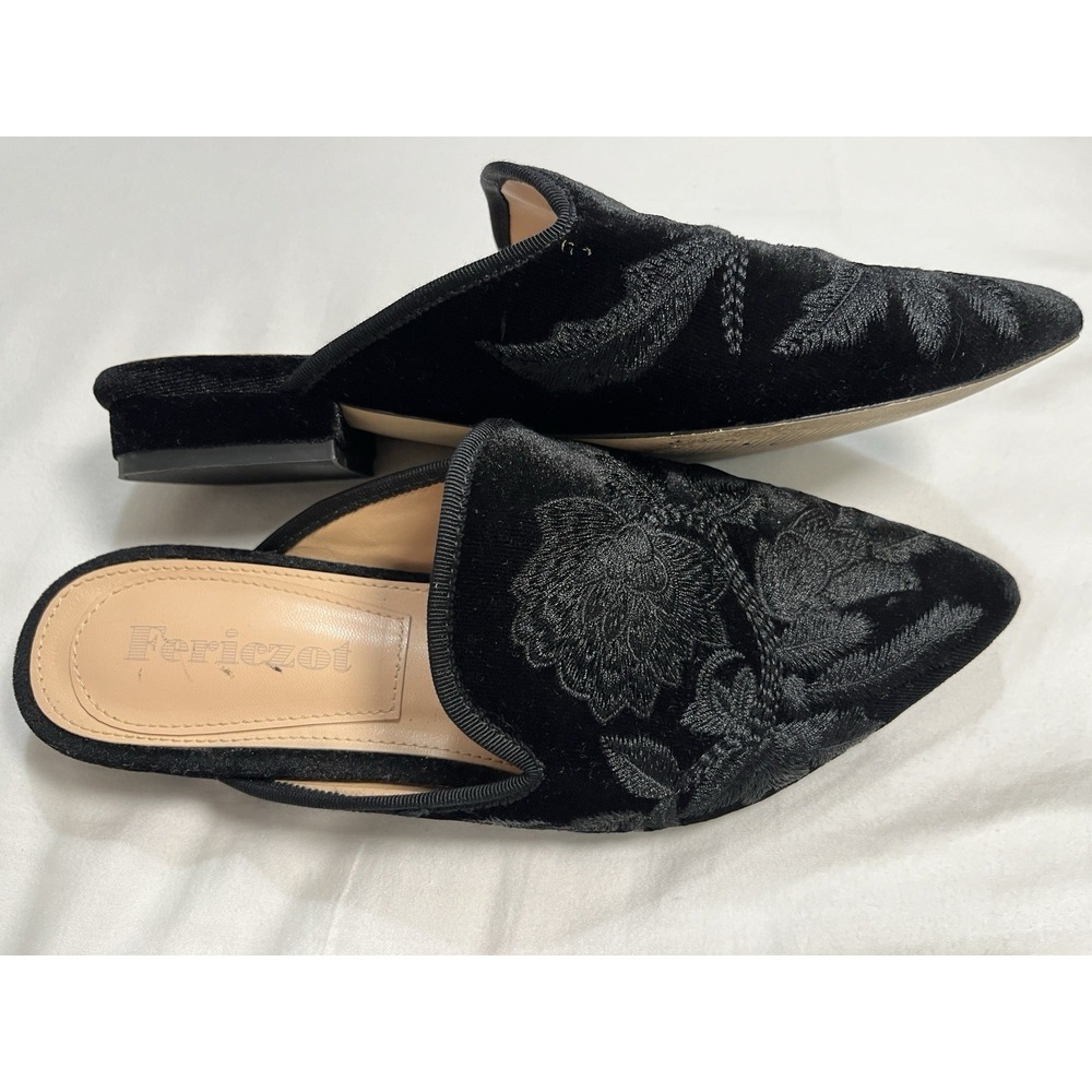 Fericzot Black Velvet Embroidered Mule Flats Pointed Toe Slip On Floral Shoes 6 - Picture 5 of 9